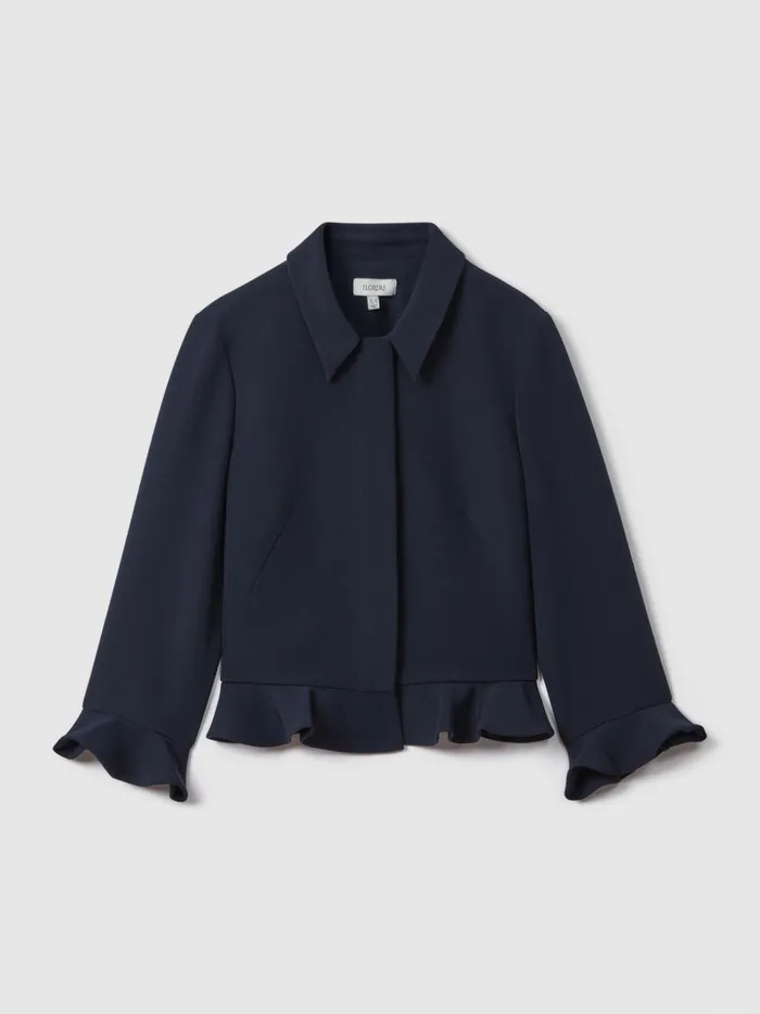 Women Reiss Brands Crepe Ruffle Jacket Navy