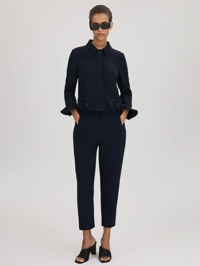 Women Reiss Brands Crepe Ruffle Jacket Navy