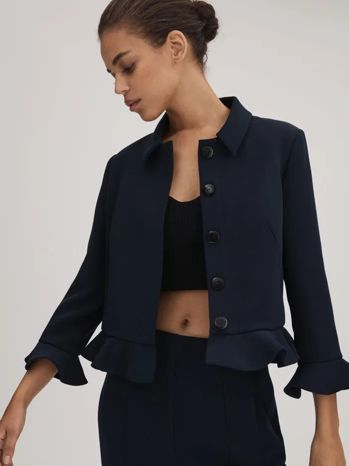 Women Reiss Brands Crepe Ruffle Jacket Navy