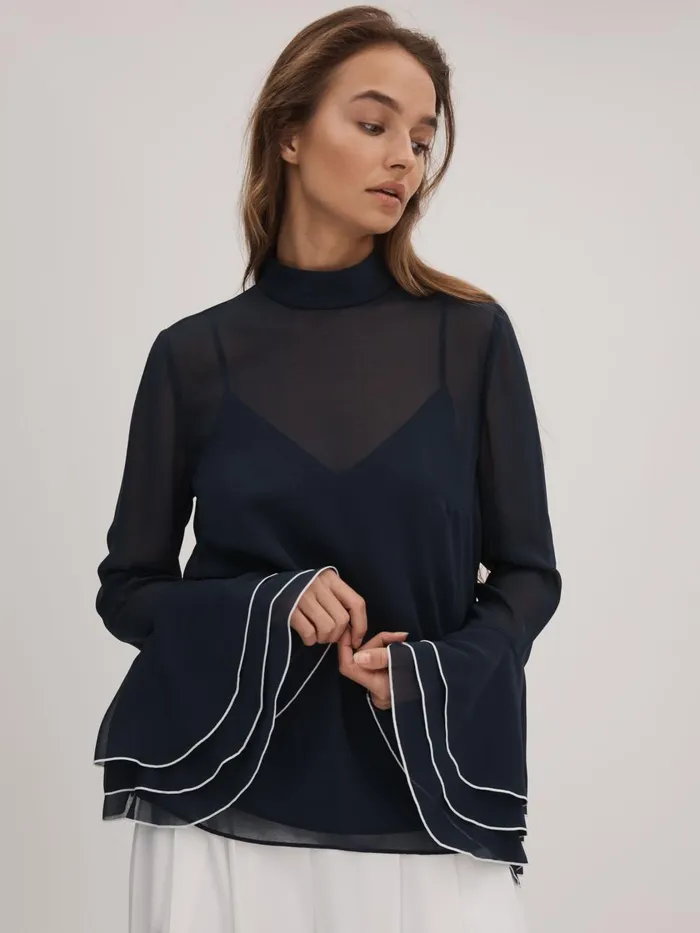 Women Reiss Brands Fluted Cuff Blouse Navy