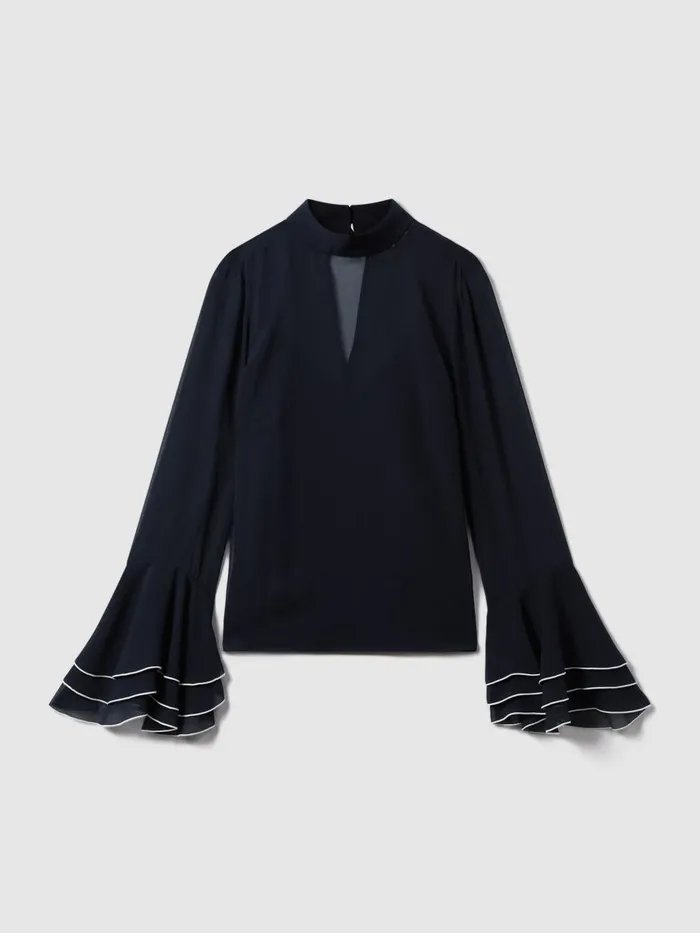 Women Reiss Brands Fluted Cuff Blouse Navy