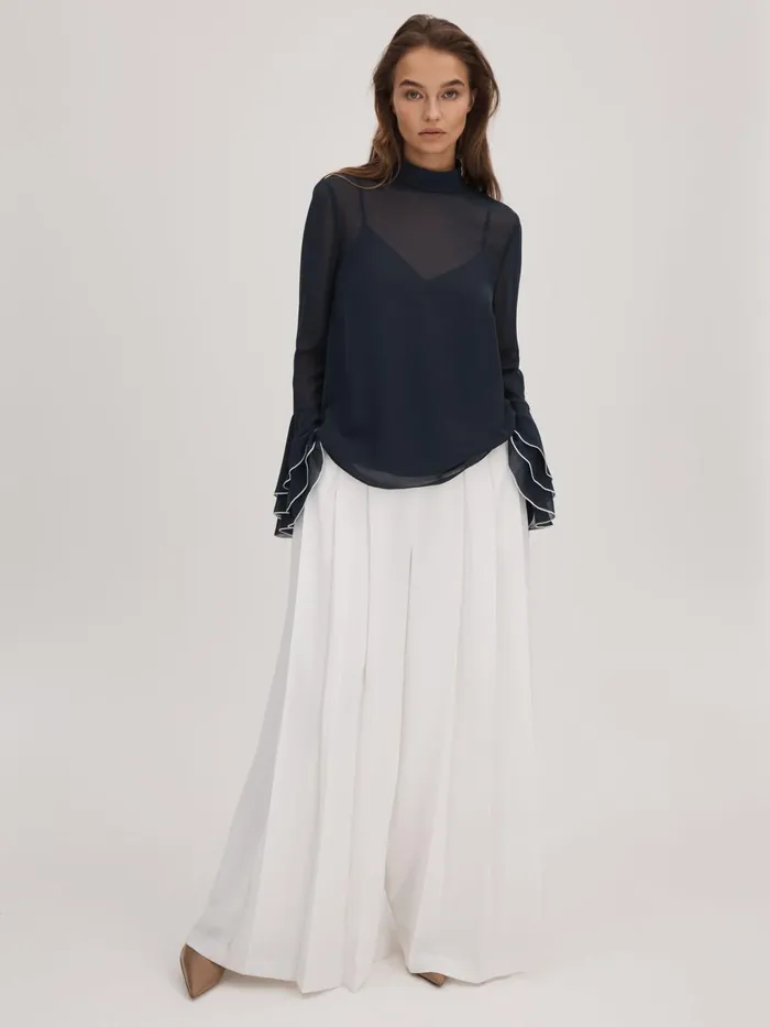 Women Reiss Brands Fluted Cuff Blouse Navy