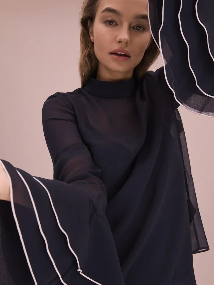 Women Reiss Brands Fluted Cuff Blouse Navy