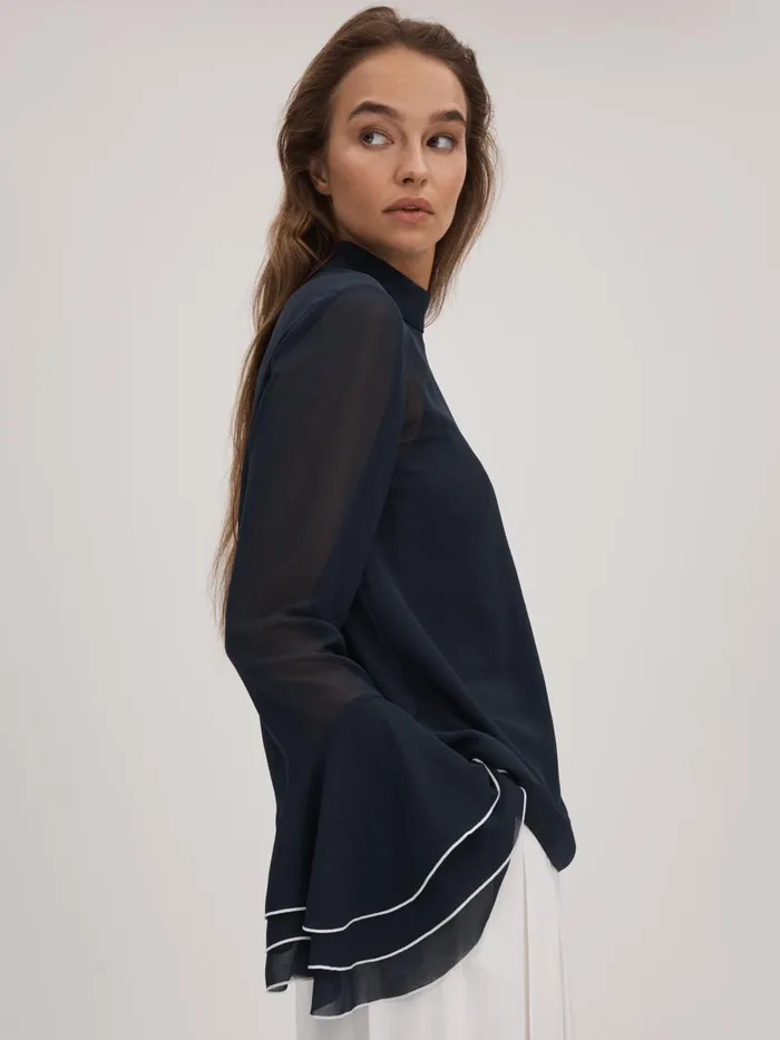 Women Reiss Brands Fluted Cuff Blouse Navy