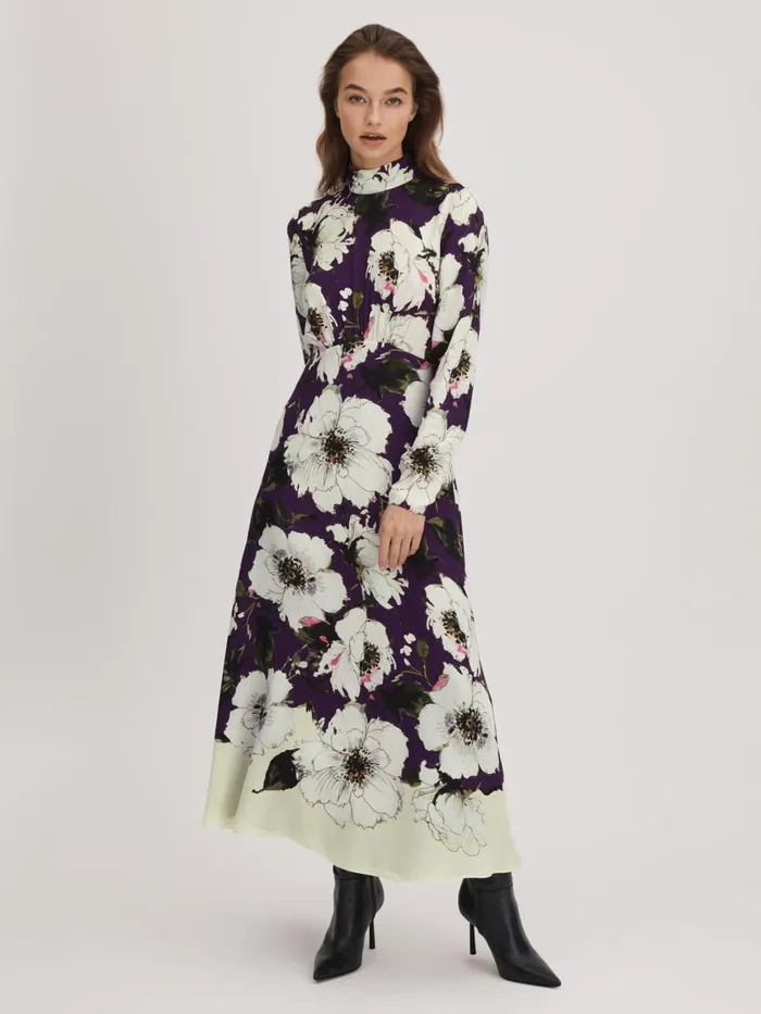 Women Reiss Brands Printed Zip Cuff Midi Dress Bluekhaki