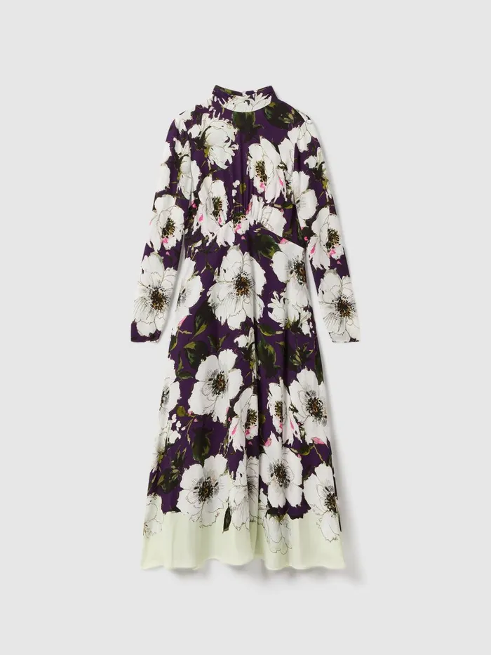 Women Reiss Brands Printed Zip Cuff Midi Dress Bluekhaki