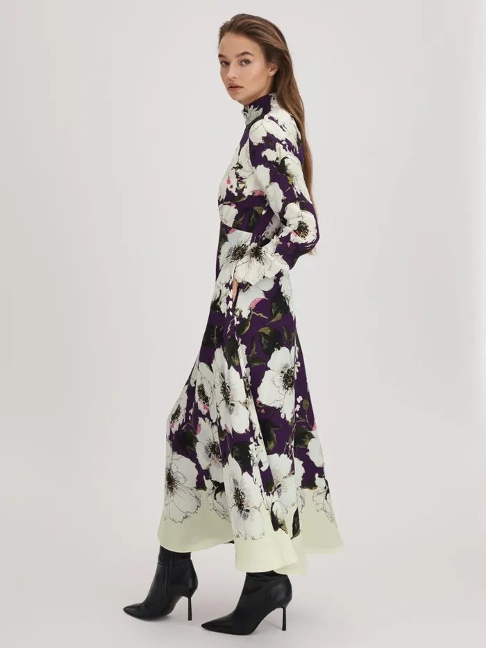 Women Reiss Brands Printed Zip Cuff Midi Dress Bluekhaki