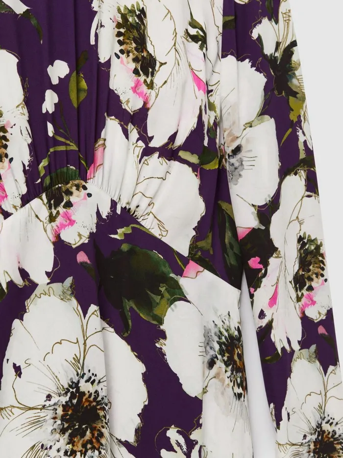 Women Reiss Brands Printed Zip Cuff Midi Dress Bluekhaki