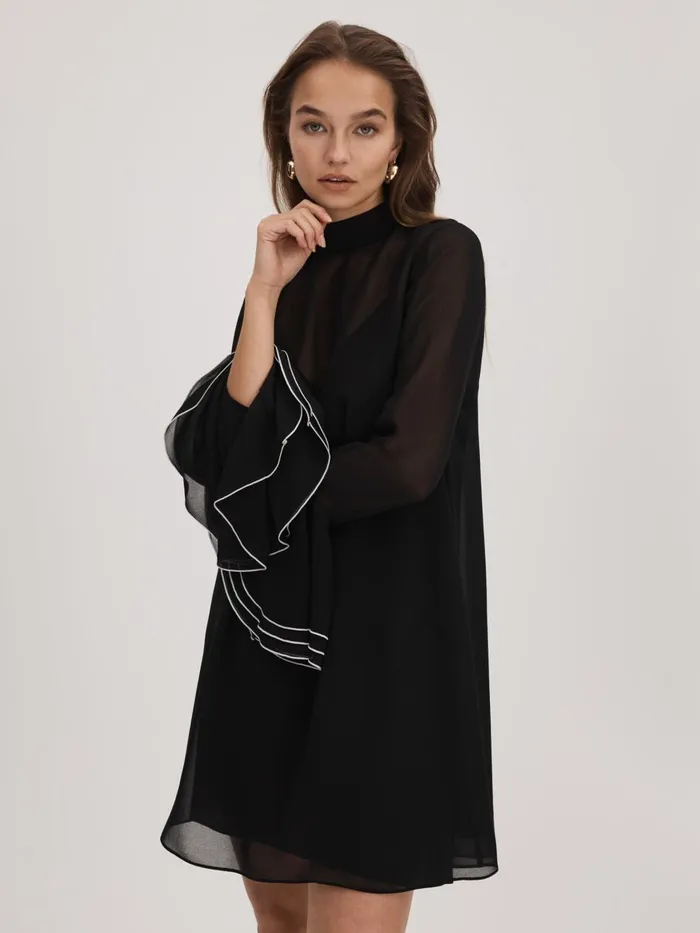 Women Reiss Brands Sheer Fluted Cuff Mini Dress Black