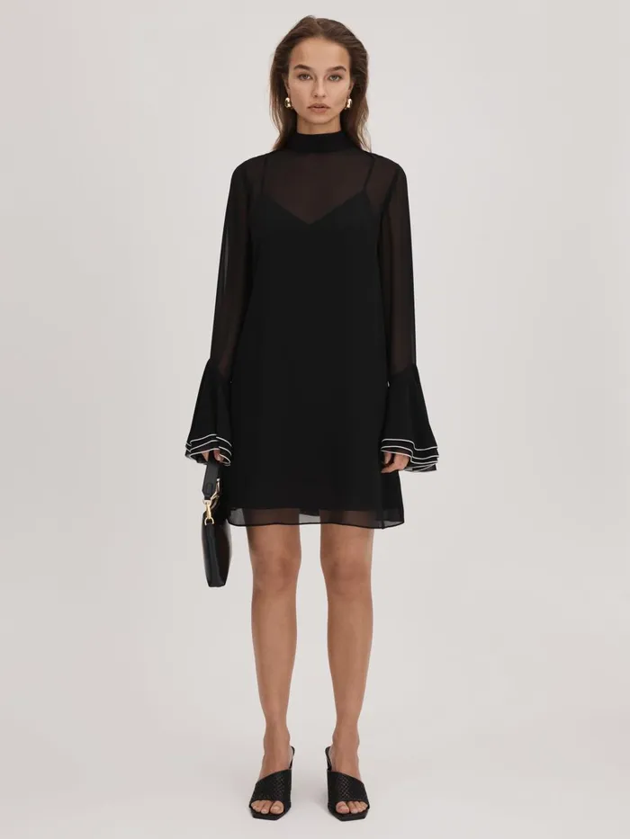 Women Reiss Brands Sheer Fluted Cuff Mini Dress Black