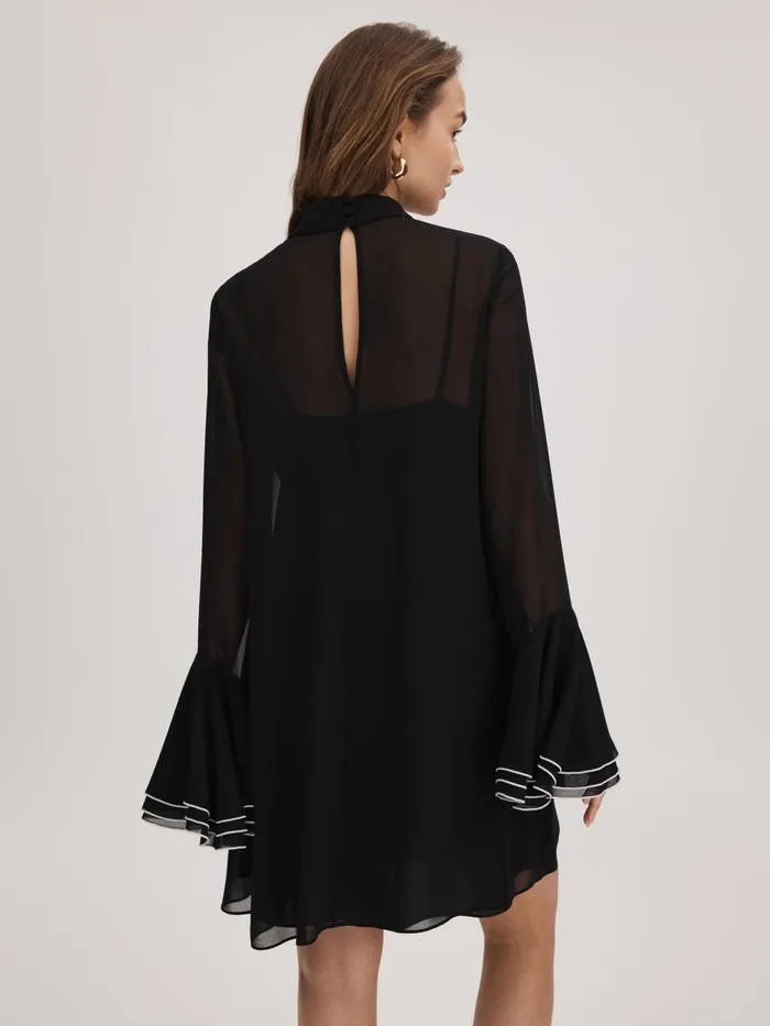 Women Reiss Brands Sheer Fluted Cuff Mini Dress Black