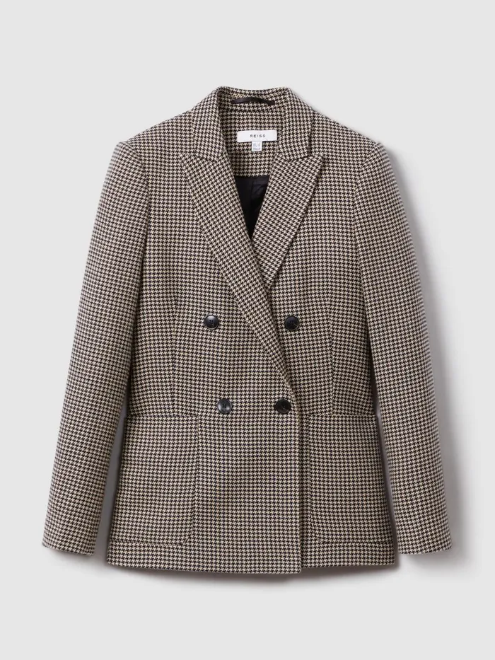 Women Reiss Coats Ella Wool Blend Double Breasted Dogtooth Blazer Blackcamel