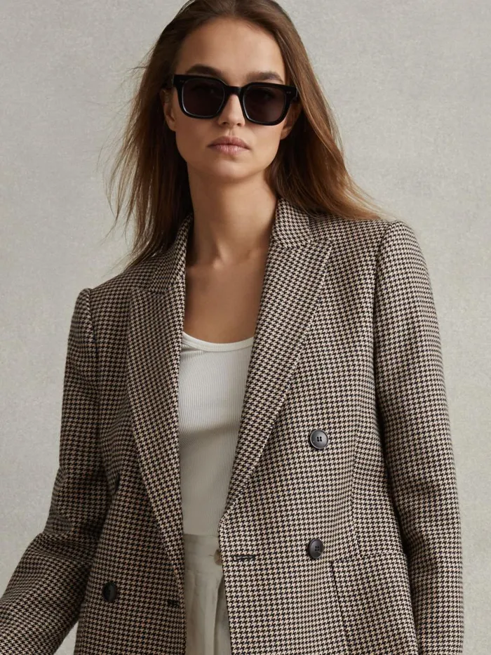 Women Reiss Coats Ella Wool Blend Double Breasted Dogtooth Blazer Blackcamel