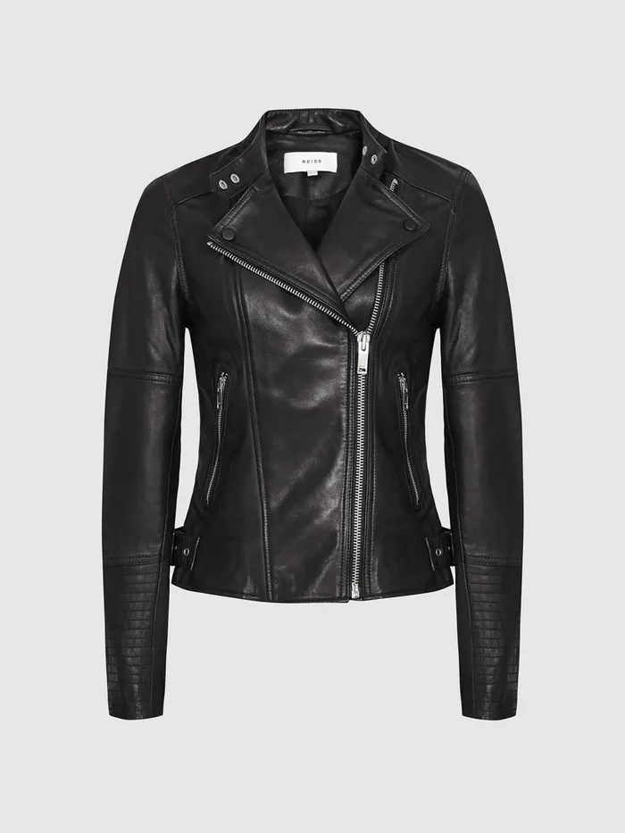 Women Reiss Coats Tallis Leather Biker Jacket Black