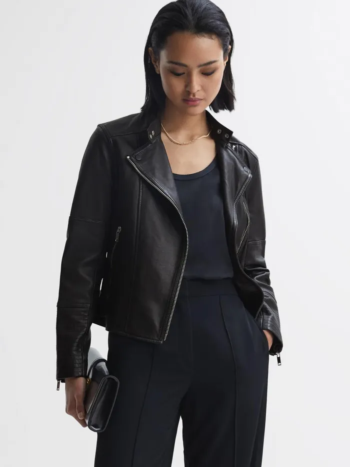 Women Reiss Coats Tallis Leather Biker Jacket Black