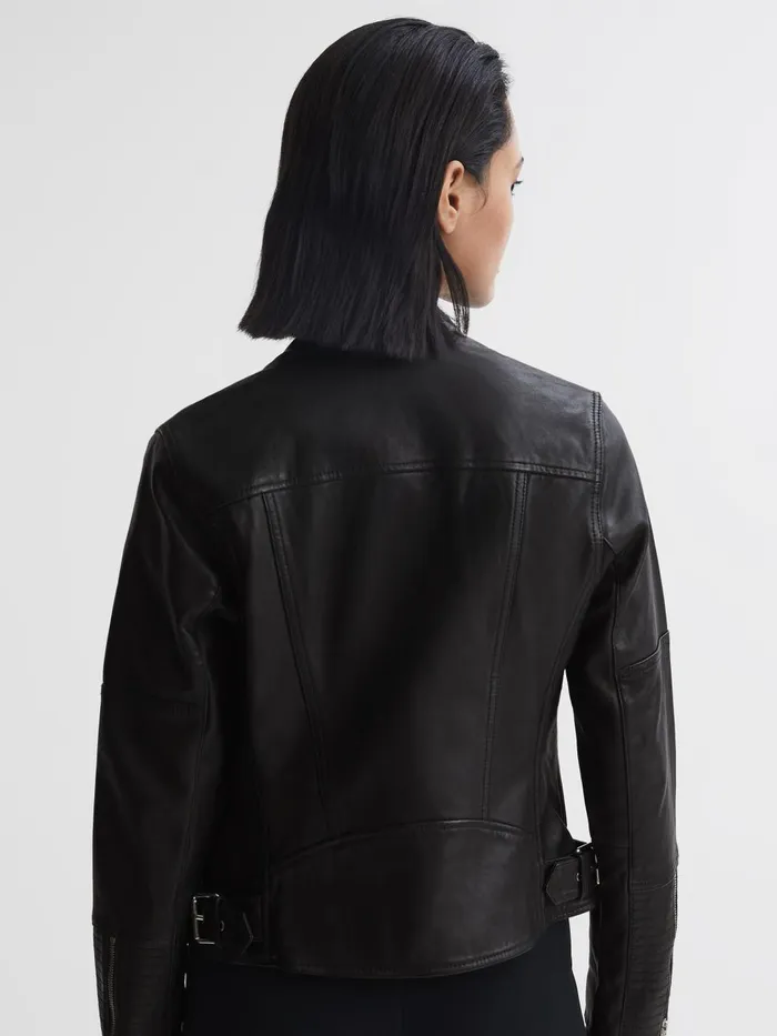 Women Reiss Coats Tallis Leather Biker Jacket Black