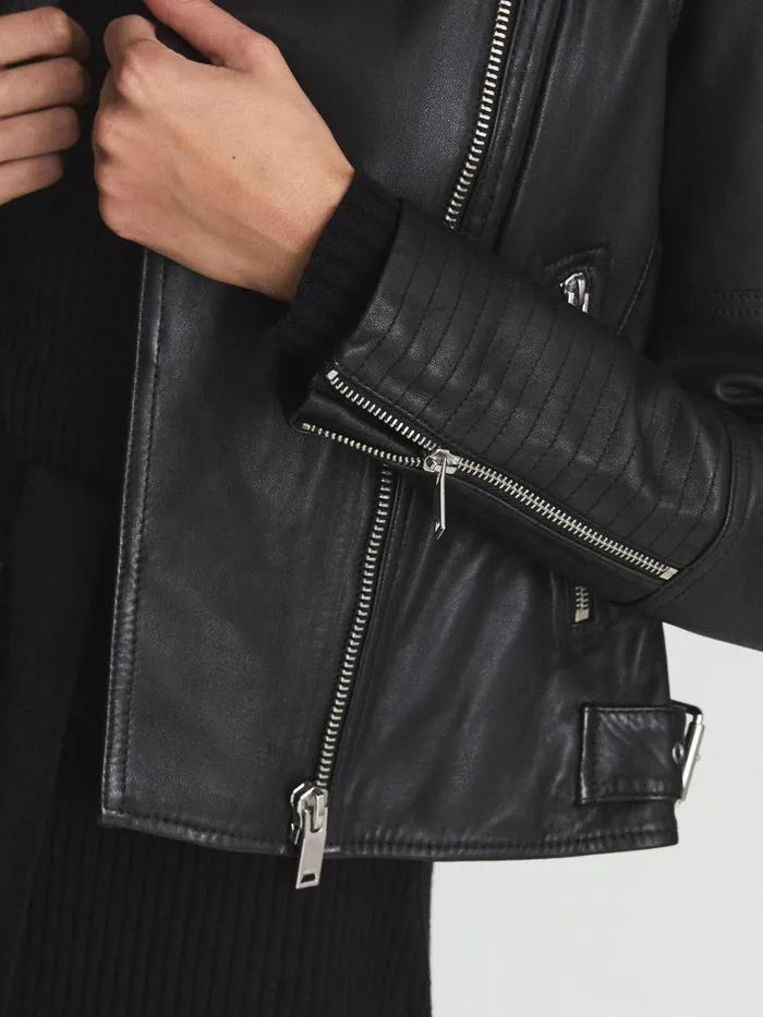 Women Reiss Coats Tallis Leather Biker Jacket Black