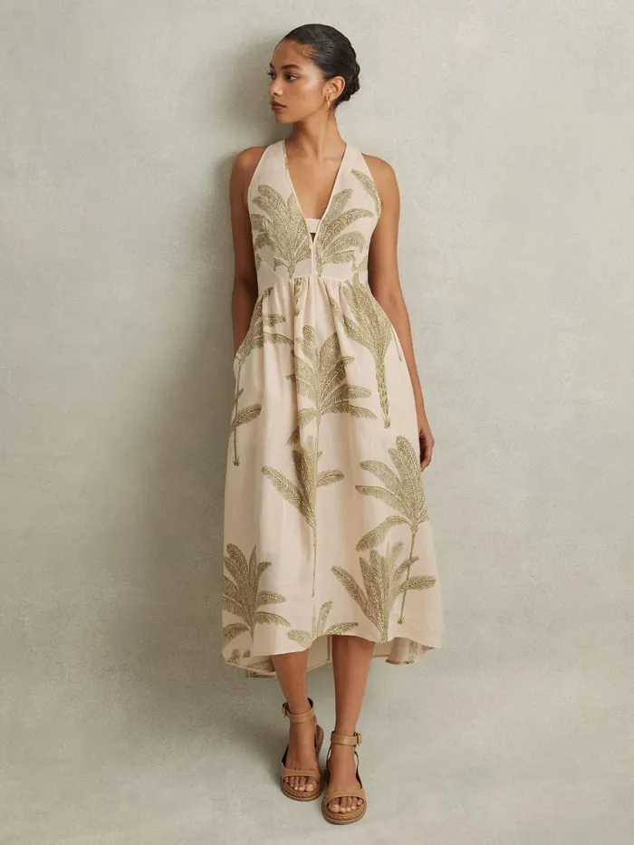 Women Reiss Dresses Anna Linen Tropical Print Midi Dress Neutralgreen