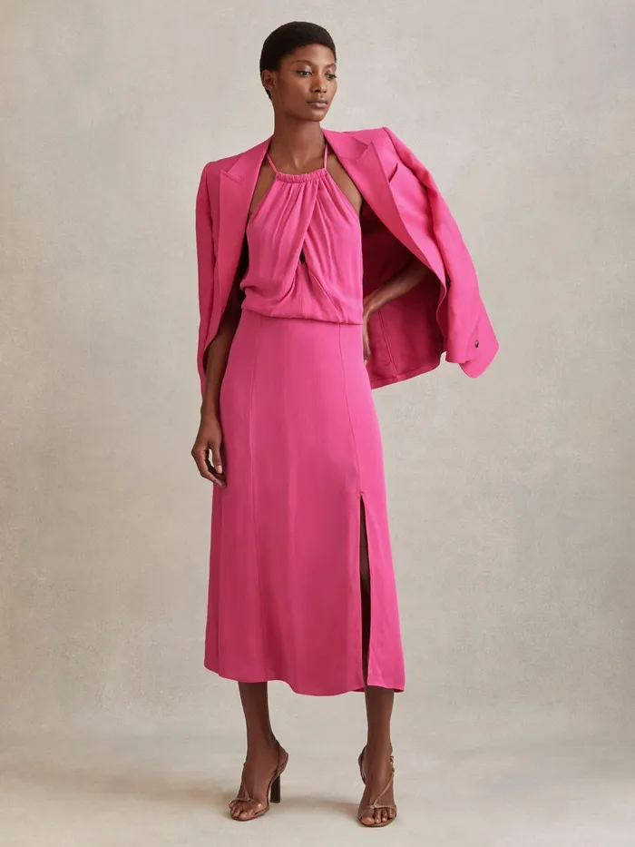 Women Reiss Dresses Elliana Drape Front Midi Dress Pink