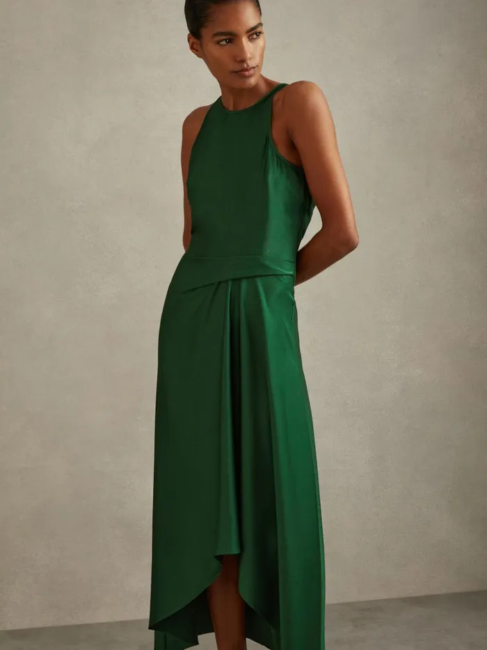 Women Reiss Dresses Micah Satin Drape Tuck Midi Dress Green