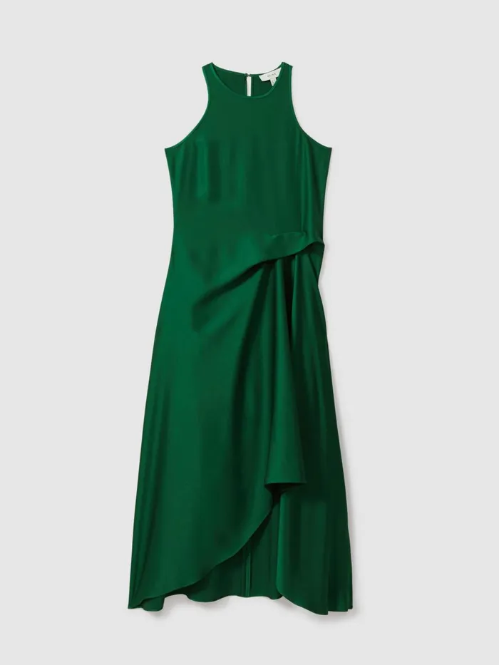 Women Reiss Dresses Micah Satin Drape Tuck Midi Dress Green