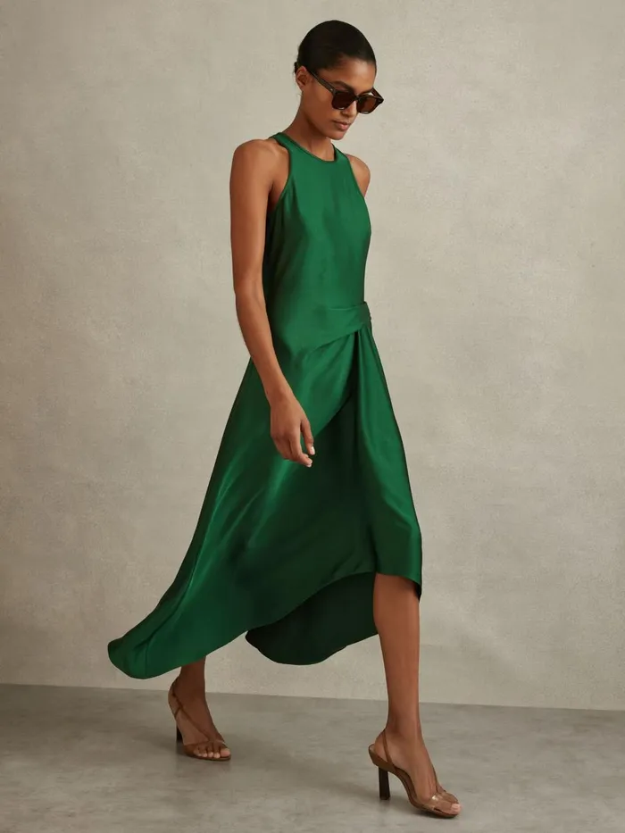 Women Reiss Dresses Micah Satin Drape Tuck Midi Dress Green