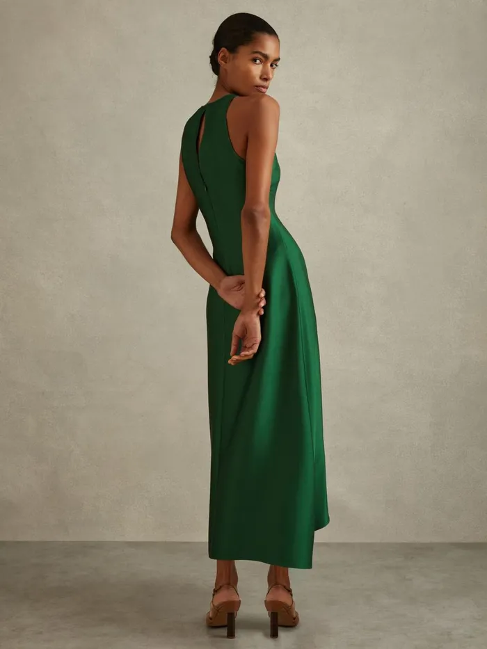 Women Reiss Dresses Micah Satin Drape Tuck Midi Dress Green