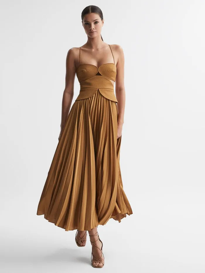Women Reiss Dresses Peplum Pleated Midi Dress Gold
