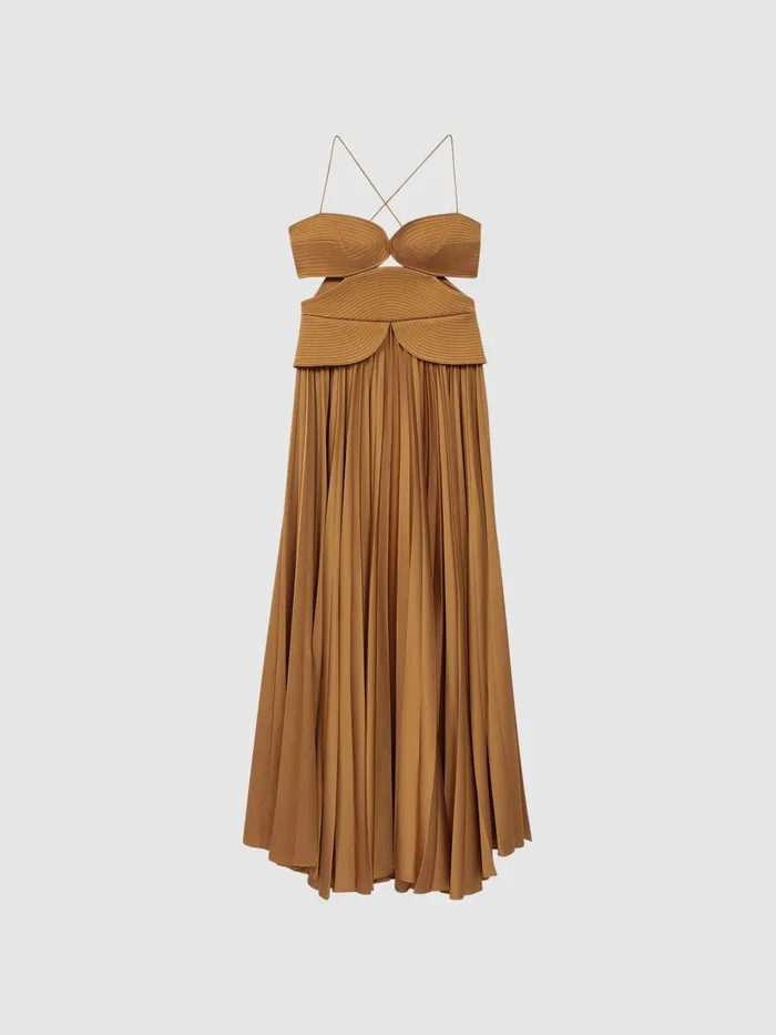 Women Reiss Dresses Peplum Pleated Midi Dress Gold