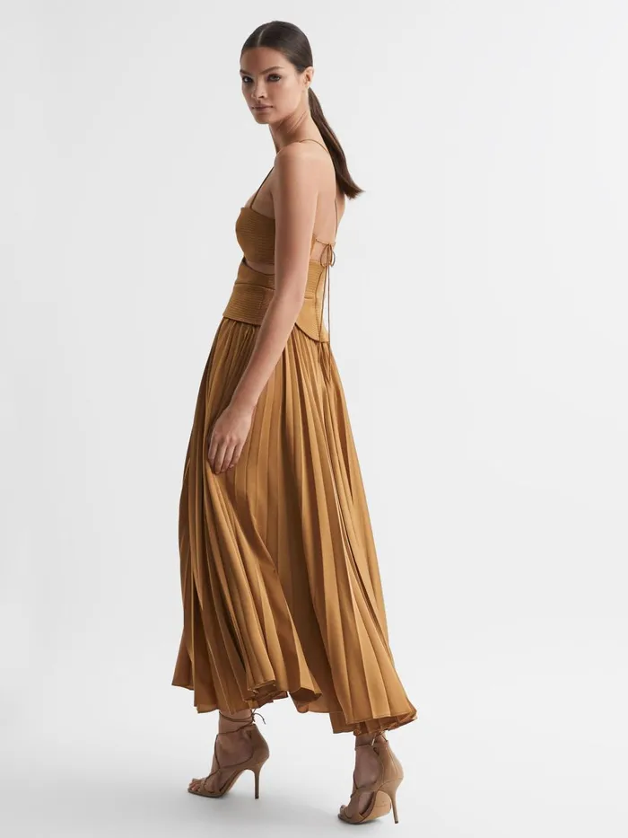 Women Reiss Dresses Peplum Pleated Midi Dress Gold