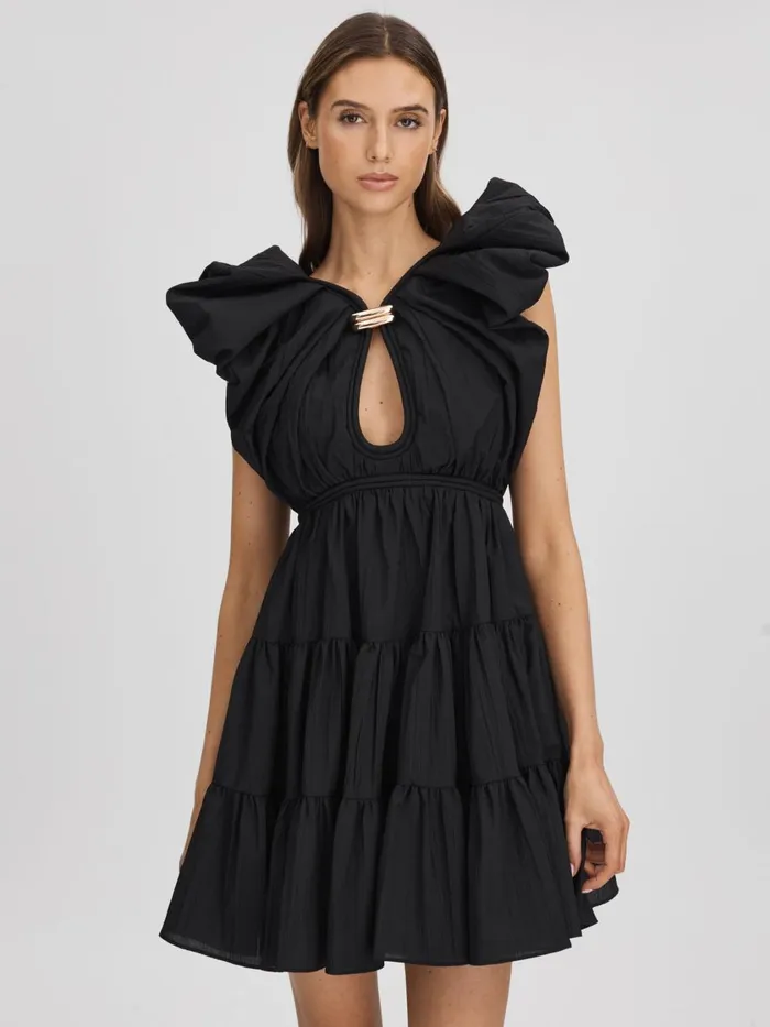 Women Reiss Dresses Tiered Midi Dress Black