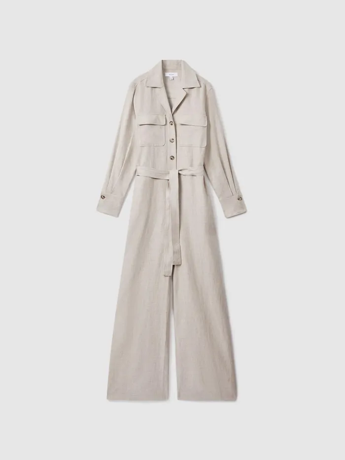 Women Reiss Jumpsuits and Playsuits Anita Linen Wide Leg Jumpsuit Neutral