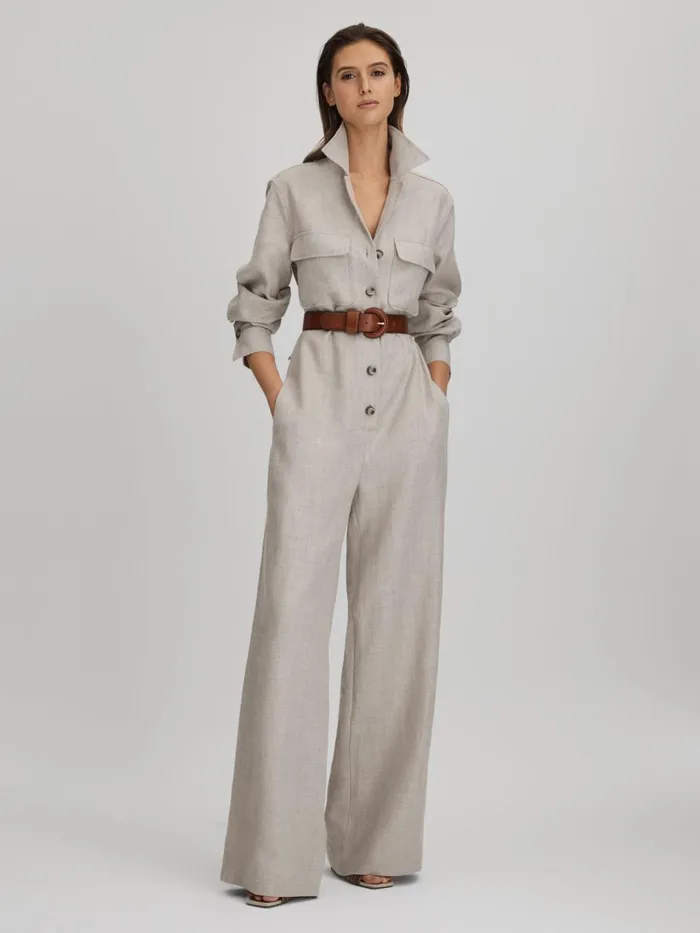 Women Reiss Jumpsuits and Playsuits Anita Linen Wide Leg Jumpsuit Neutral