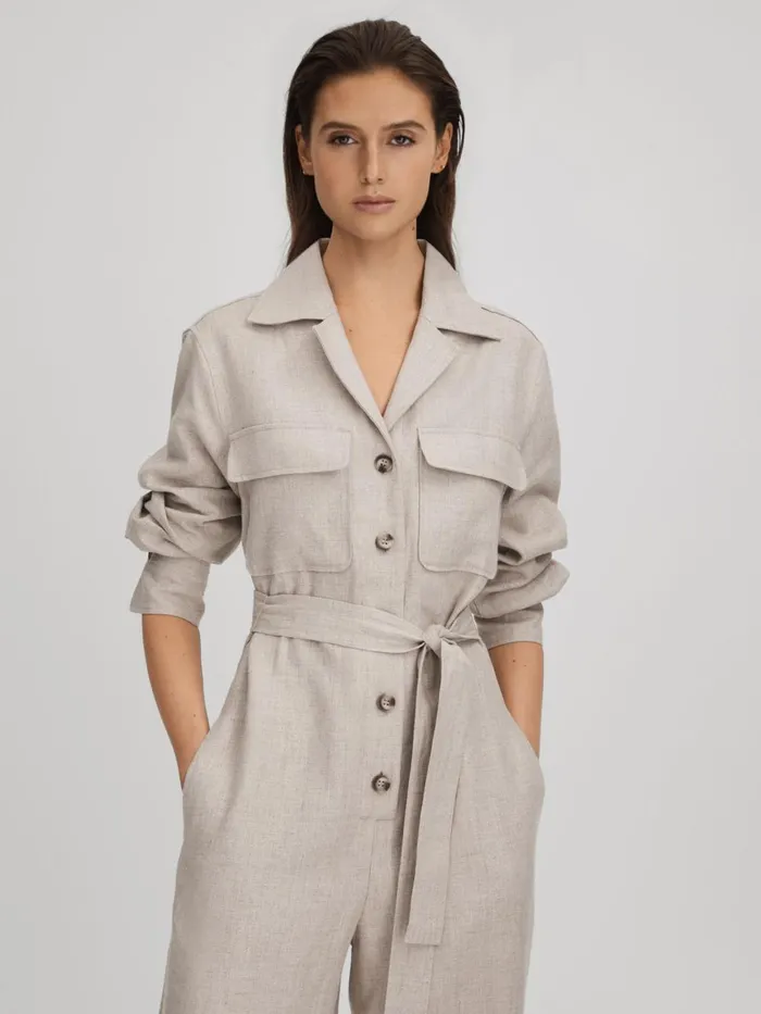 Women Reiss Jumpsuits and Playsuits Anita Linen Wide Leg Jumpsuit Neutral