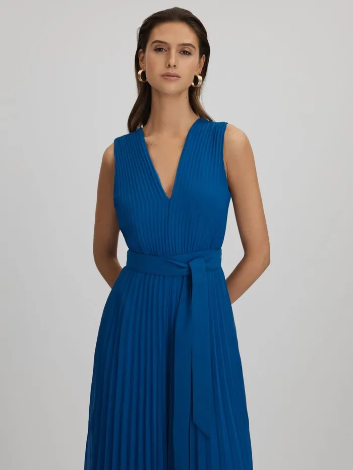 Women Reiss Jumpsuits and Playsuits Estelle Pleated Belted Jumpsuit Cobalt Blue