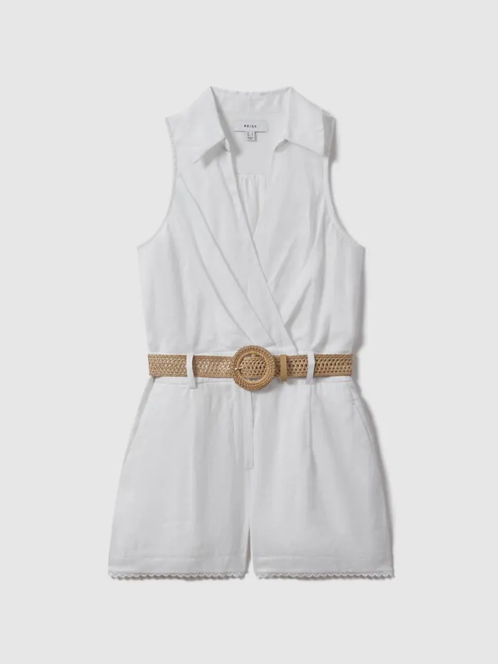 Women Reiss Jumpsuits and Playsuits Mila Linen Double Breasted Belted Playsuit Ivory