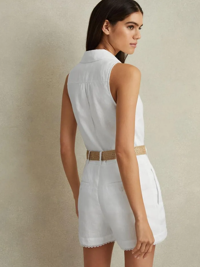 Women Reiss Jumpsuits and Playsuits Mila Linen Double Breasted Belted Playsuit Ivory