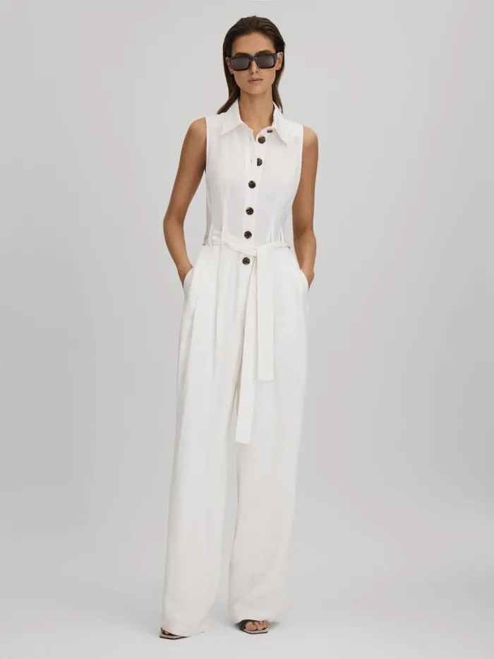 Women Reiss Jumpsuits and Playsuits Perla Belted Wide Leg Jumpsuit White