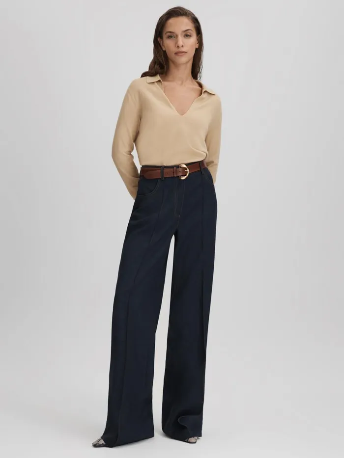 Women Reiss Knitwear Nellie Knitted Collared VNeck Top Stone