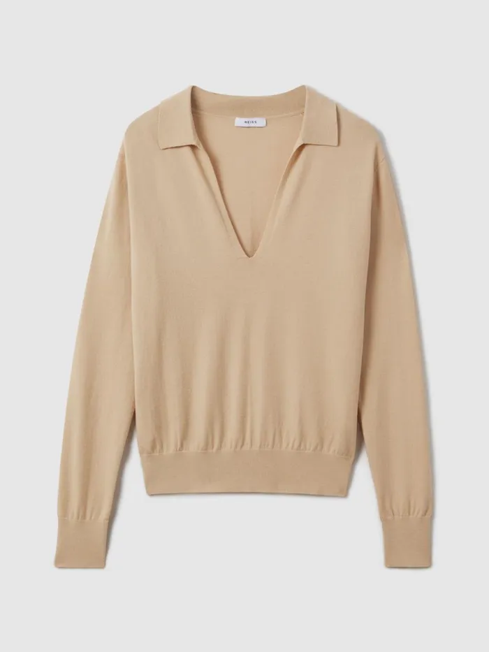 Women Reiss Knitwear Nellie Knitted Collared VNeck Top Stone
