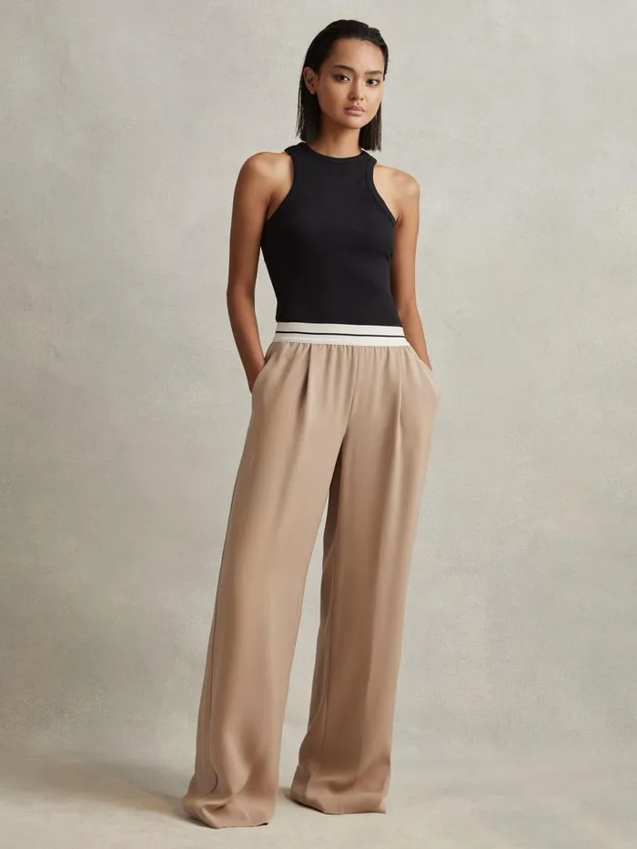 Women Reiss Pants Abigail Wide Leg Elasticated Trousers Stone