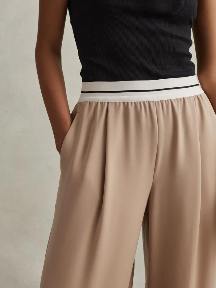 Women Reiss Pants Abigail Wide Leg Elasticated Trousers Stone