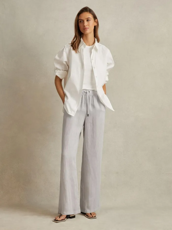 Women Reiss Pants Cleo Garment Dyed Wide Leg Linen Trousers Dusty Blue