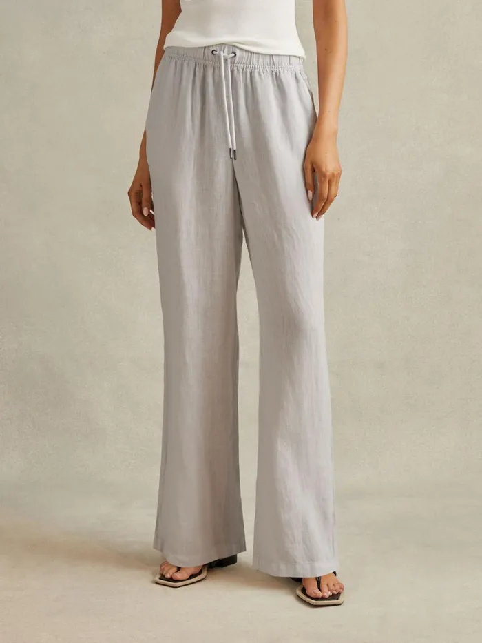 Women Reiss Pants Cleo Garment Dyed Wide Leg Linen Trousers Dusty Blue