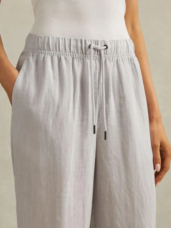 Women Reiss Pants Cleo Garment Dyed Wide Leg Linen Trousers Dusty Blue
