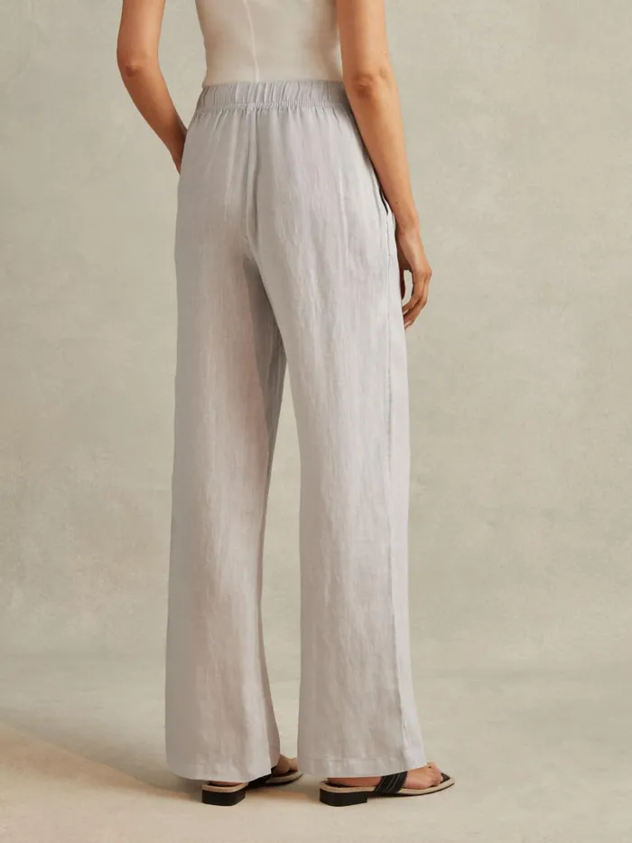Women Reiss Pants Cleo Garment Dyed Wide Leg Linen Trousers Dusty Blue