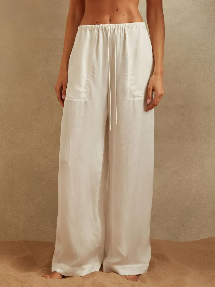 Women Reiss Pants Eddie Textured Wide Leg CoverUp Trousers Ivory