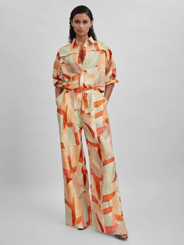 Women Reiss Pants Geometric Print Wide Leg Trousers Orange Multi