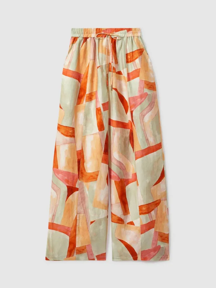 Women Reiss Pants Geometric Print Wide Leg Trousers Orange Multi