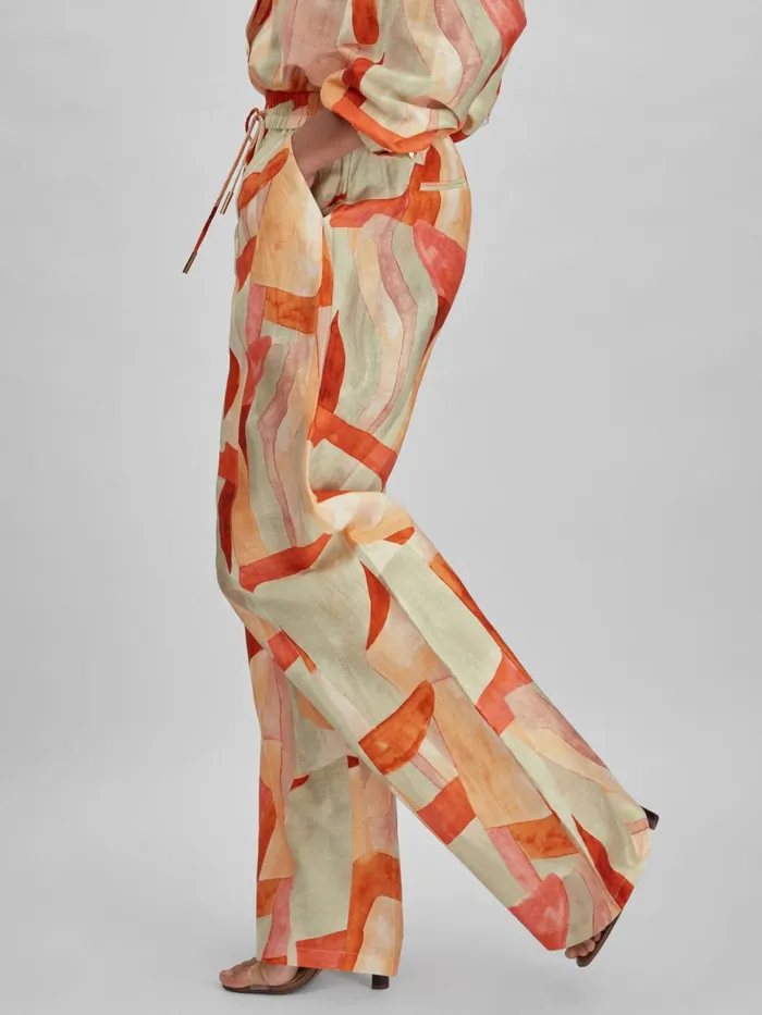 Women Reiss Pants Geometric Print Wide Leg Trousers Orange Multi